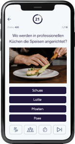 21 Coins: 420 3 / 10 Schuss  Latte Pfosten Pass Wo werden in professionellen Küchen die Speisen angerichtet?